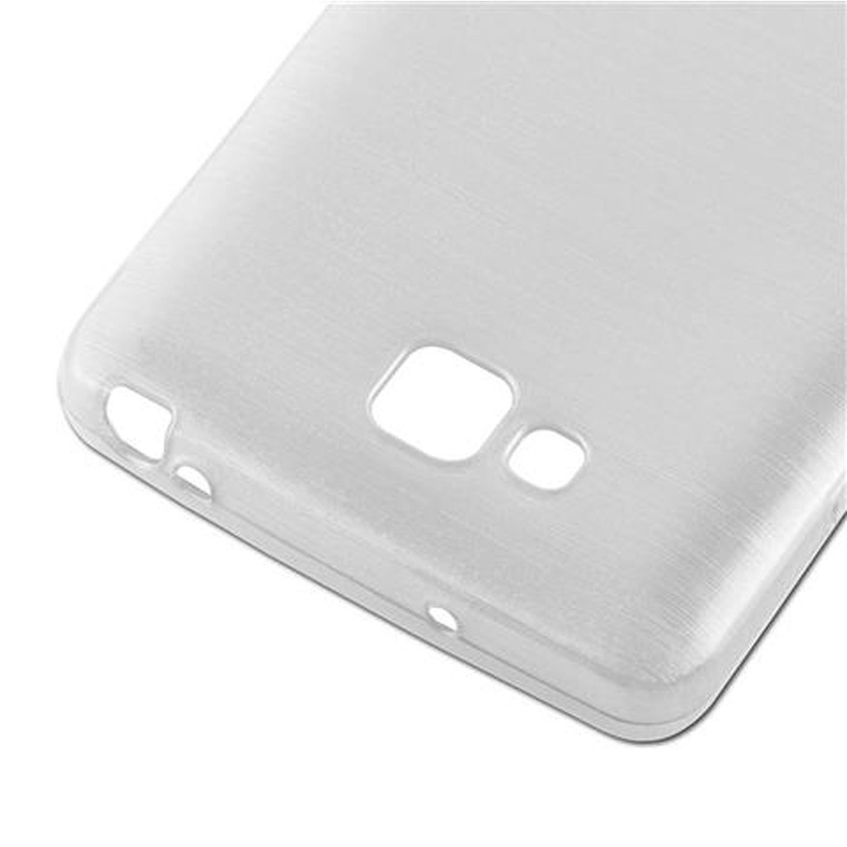 Funda de teléfono blanca con recortes para la cámara y otros puertos. La funda es blanca.