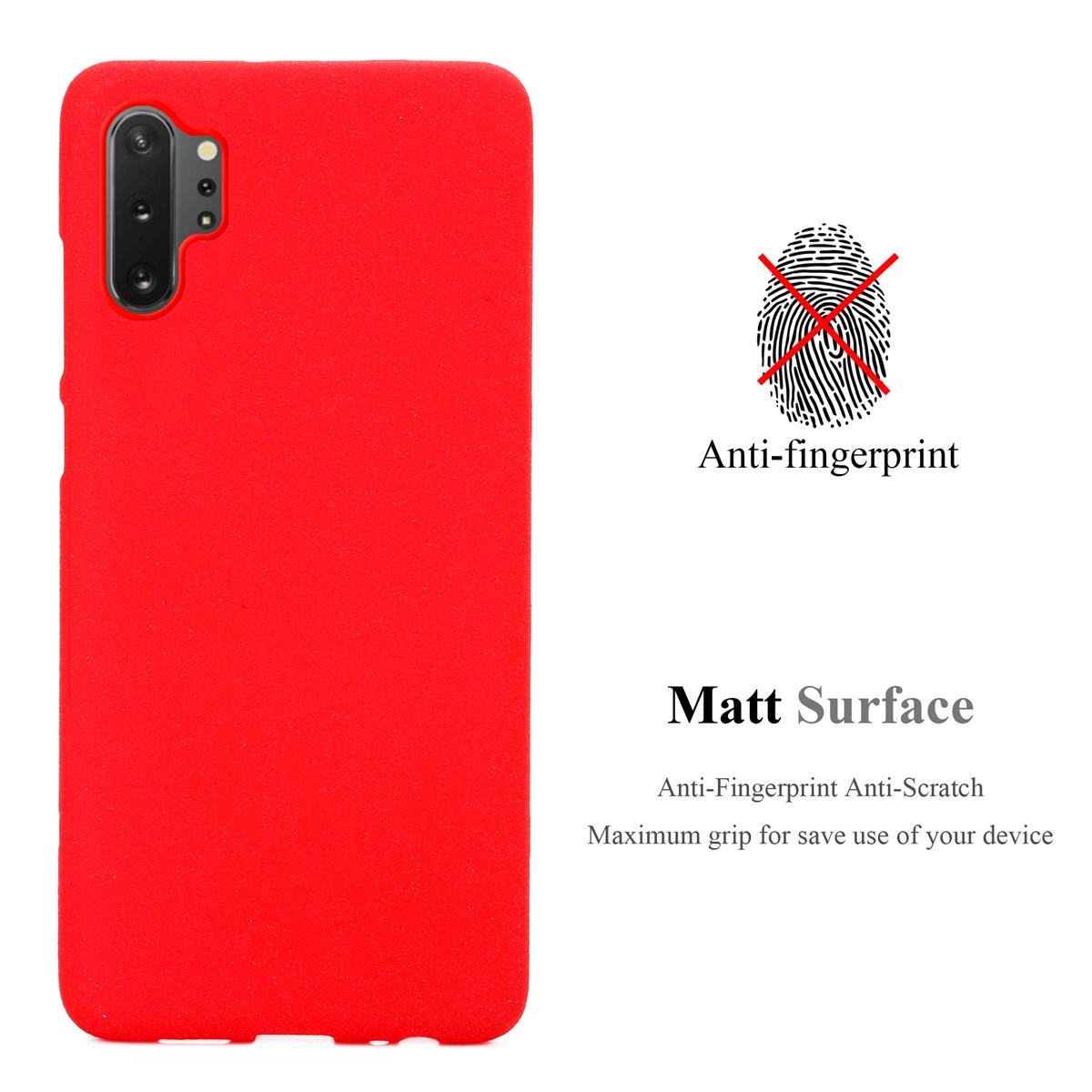 Custodia rossa per telefono. Viene visualizzato il testo anti-impronta e superficie opaca.