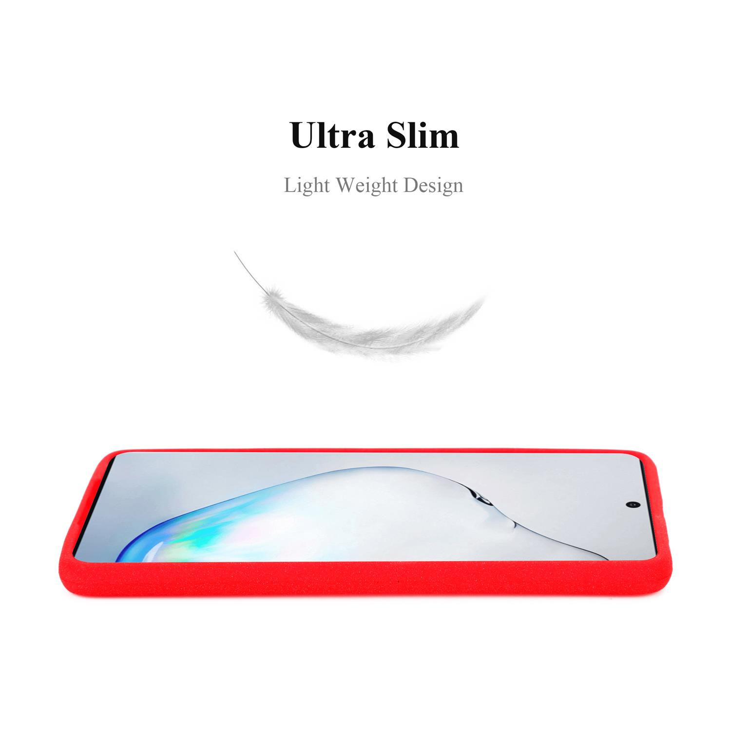 Una custodia rossa con un telefono all'interno. Il testo recita 'Ultra Slim Light Weight Design'.