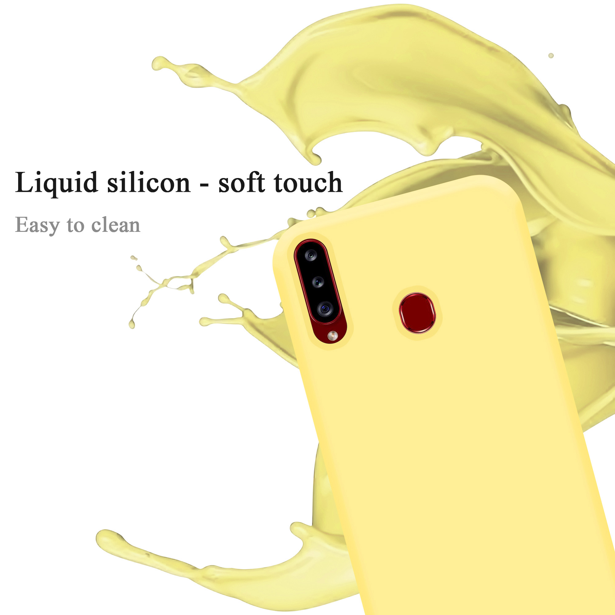 Eine gelbe Handyhülle mit einem Telefon darin. Das Telefon hat drei Kameras und einen roten Knopf.