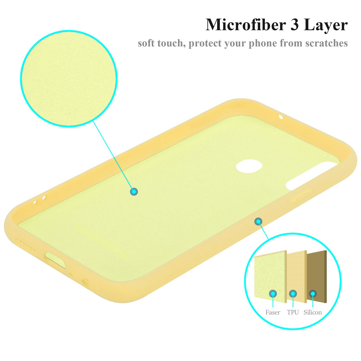 Gelbe Handyhülle mit dreilagigem Design. Der Text lautet 'Mikrofaser 3 Schicht'.