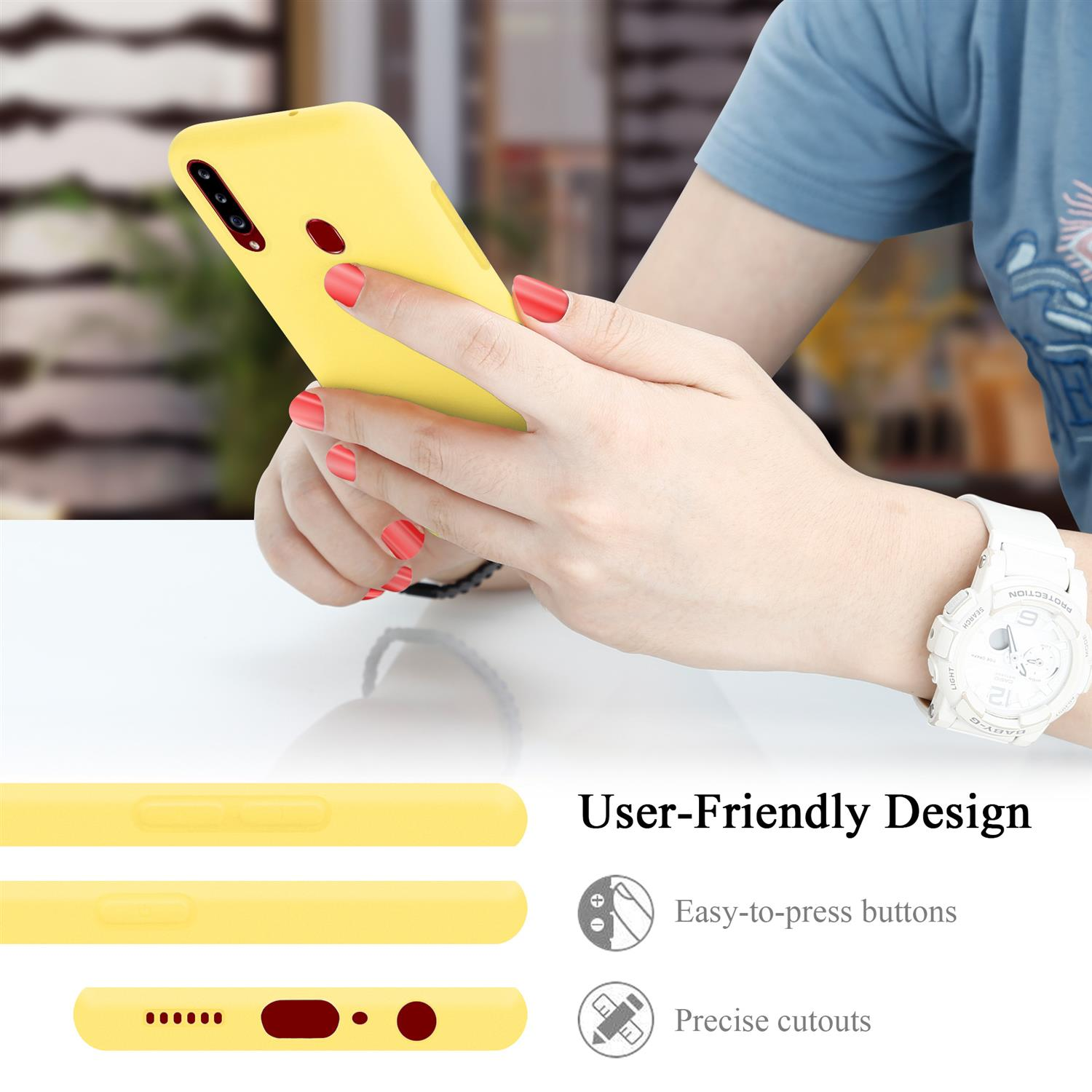 Eine Frau hält ein gelbes Telefon. Rechts ist eine Uhr. Der Text lautet Benutzerfreundliches Design.