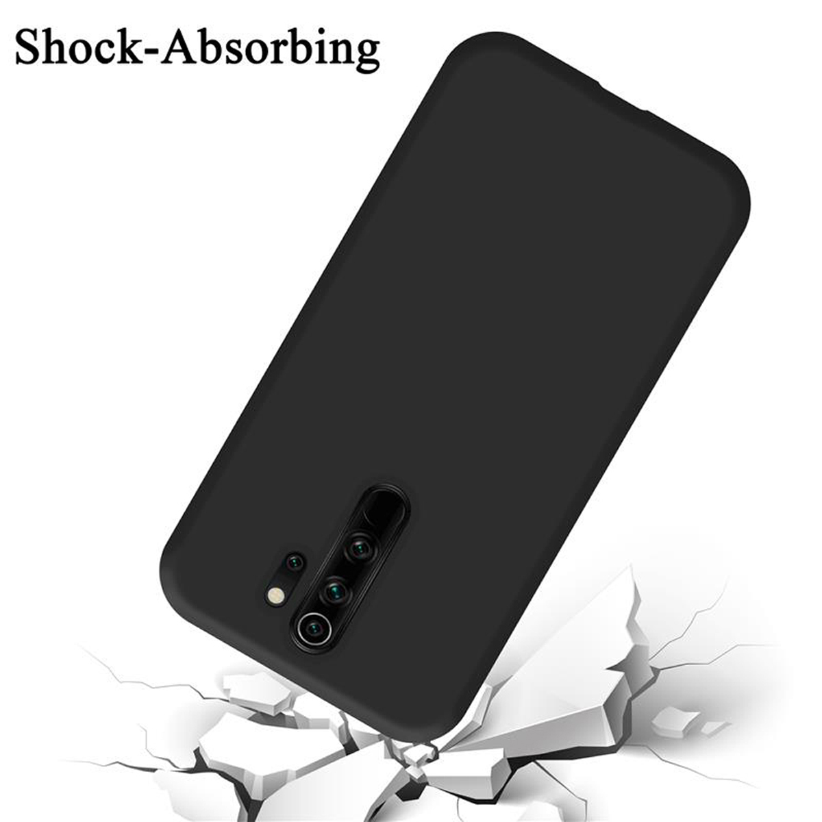 Una custodia per telefono nera che cade su una superficie bianca incrinata. Testo: 'Shock-Absorbing'.