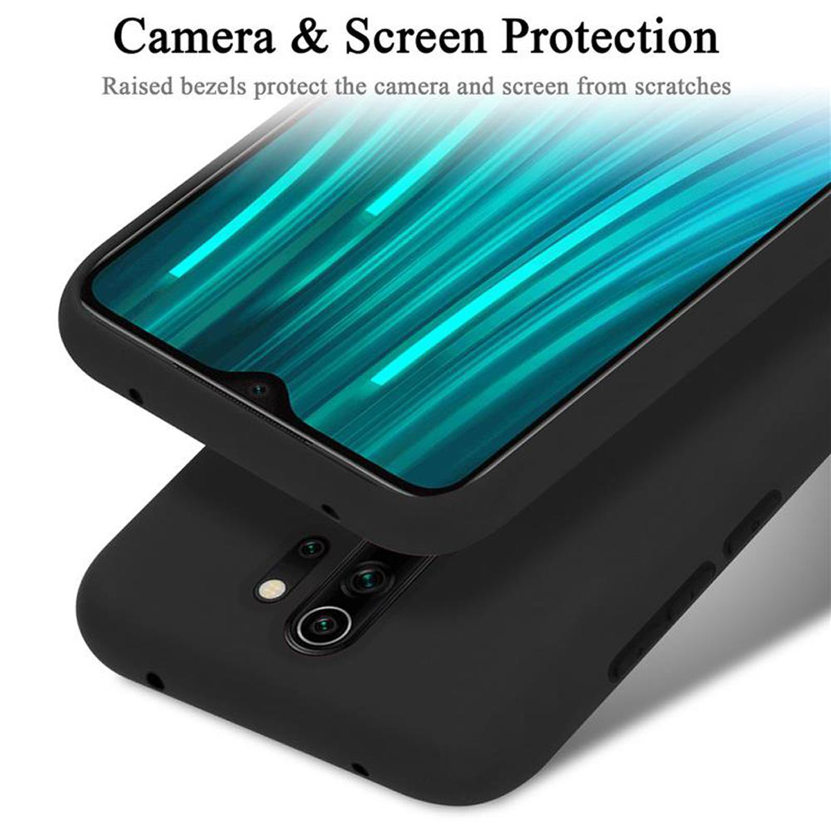 Telefono nero in una custodia, con schermo blu visibile.