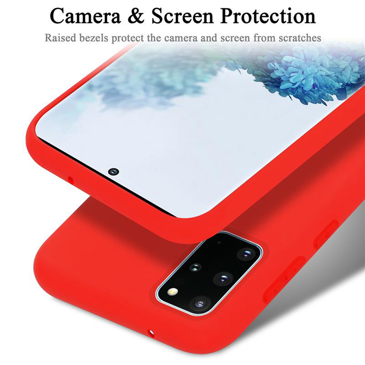 Custodia per telefono rossa che protegge lo schermo e la fotocamera. Lo schermo è visibile.