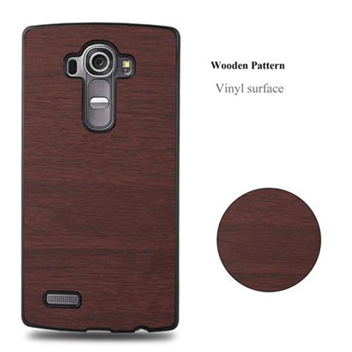 Custodia per telefono marrone scuro con motivo in legno e superficie in vinile e un cerchio.