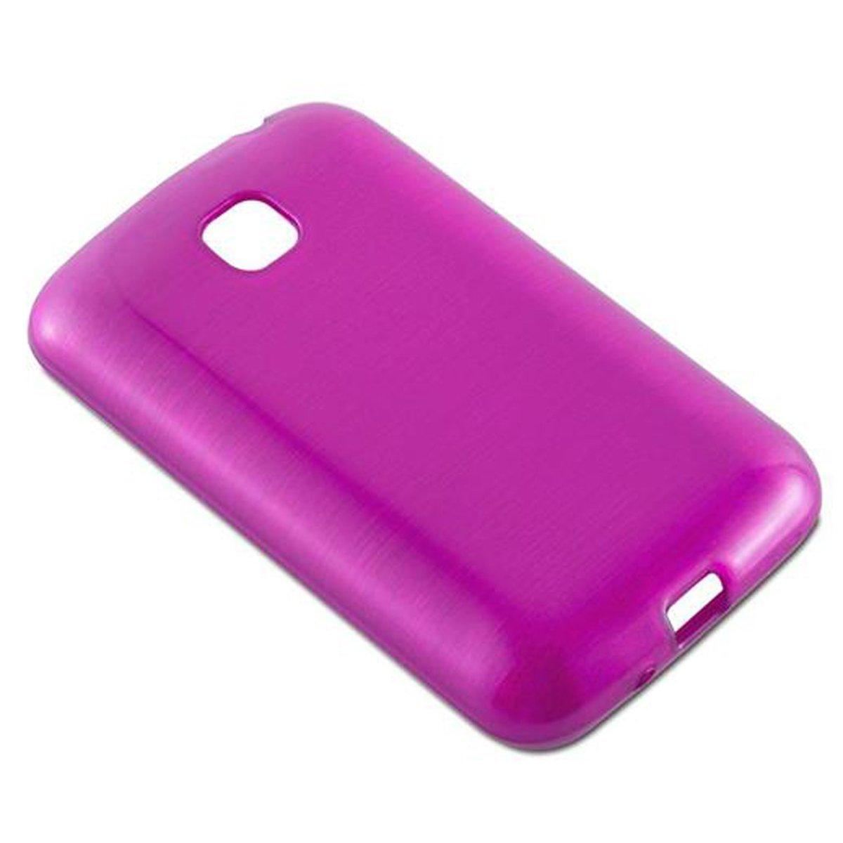 Una custodia per telefono rosa acceso, angolata, su una superficie bianca.