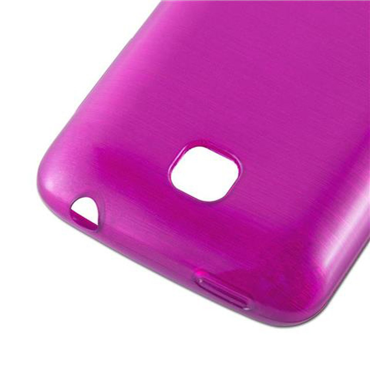 Primo piano di una custodia magenta, mostra il foro della fotocamera e i pulsanti.