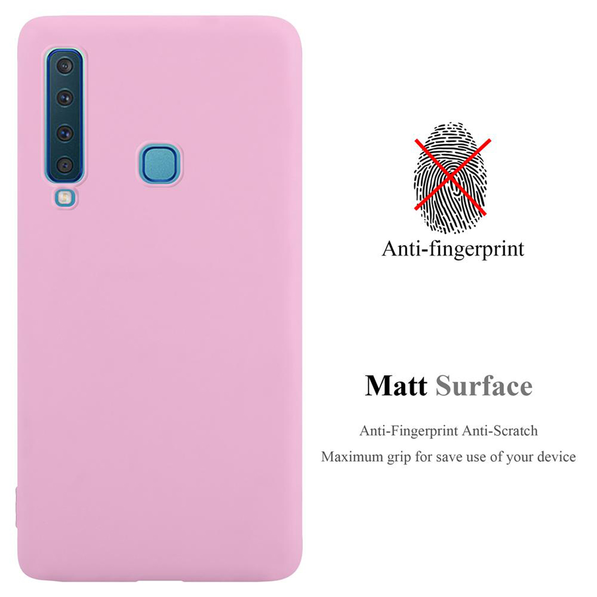 Rosa Handyhülle mit Text 'Anti-Fingerprint' und einem Fingerabdrucksymbol mit roter Linie.