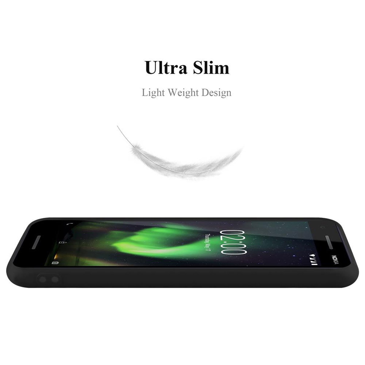 Telefono nero. Piuma fluttuante sopra. Testo: 'Ultra Slim' e 'Light Weight Design'.