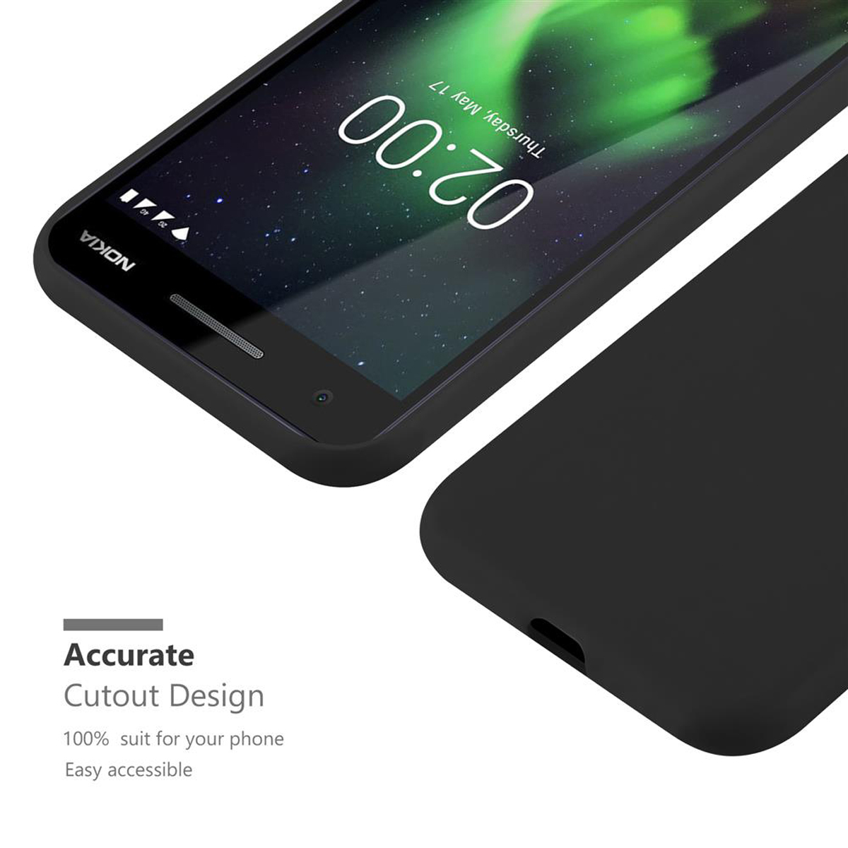 Una custodia nera con un telefono dentro. Il testo dice "Design preciso del ritaglio".