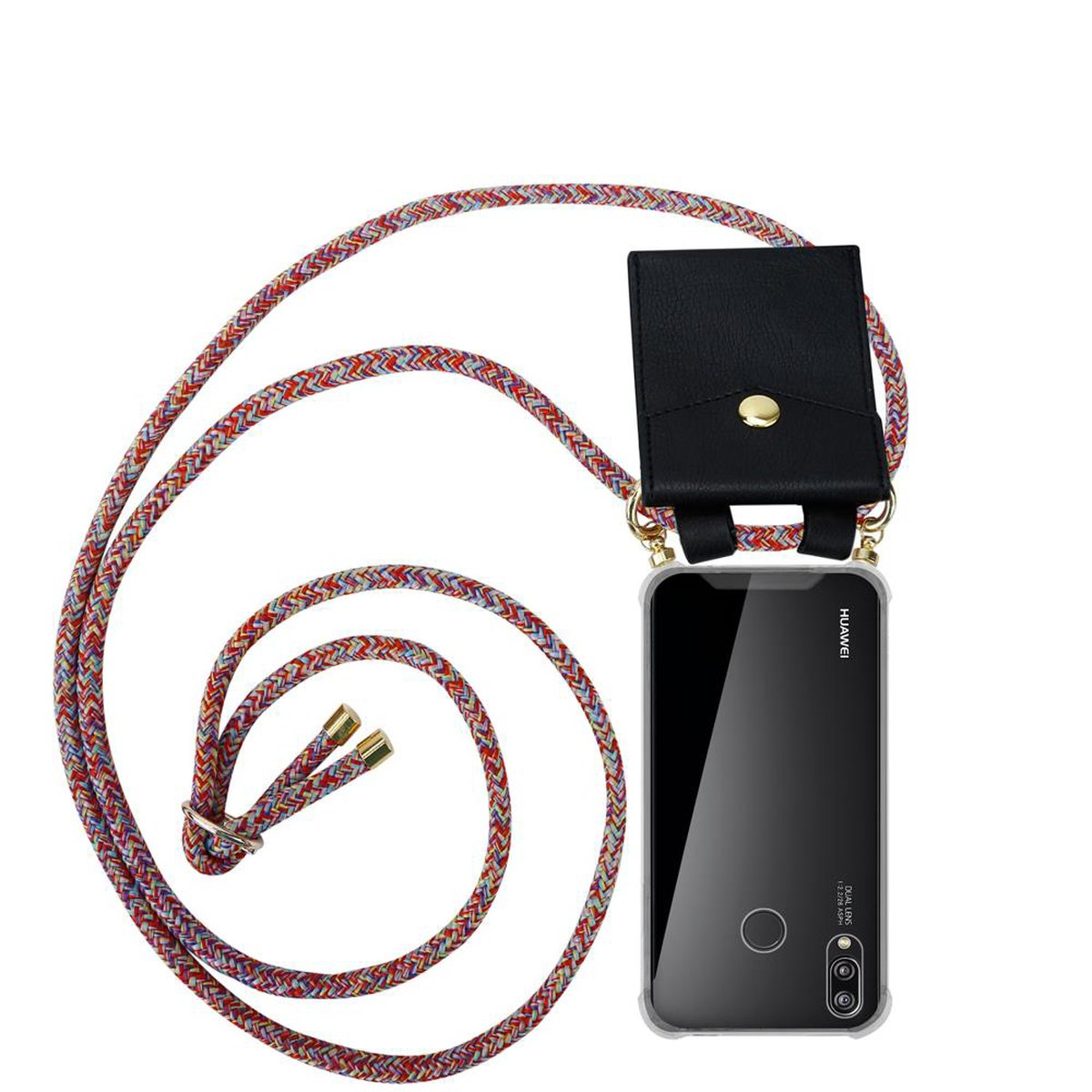 Cavo rosso, arancione e marrone con custodia per telefono. Custodia in pelle nera attaccata. Telefono visibile.