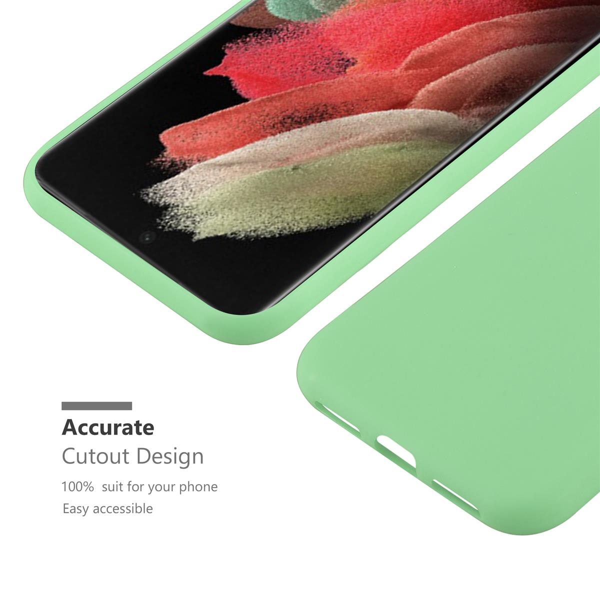 Custodia verde per telefono con schermo nero. Testo: Design preciso. 100% adatto.
