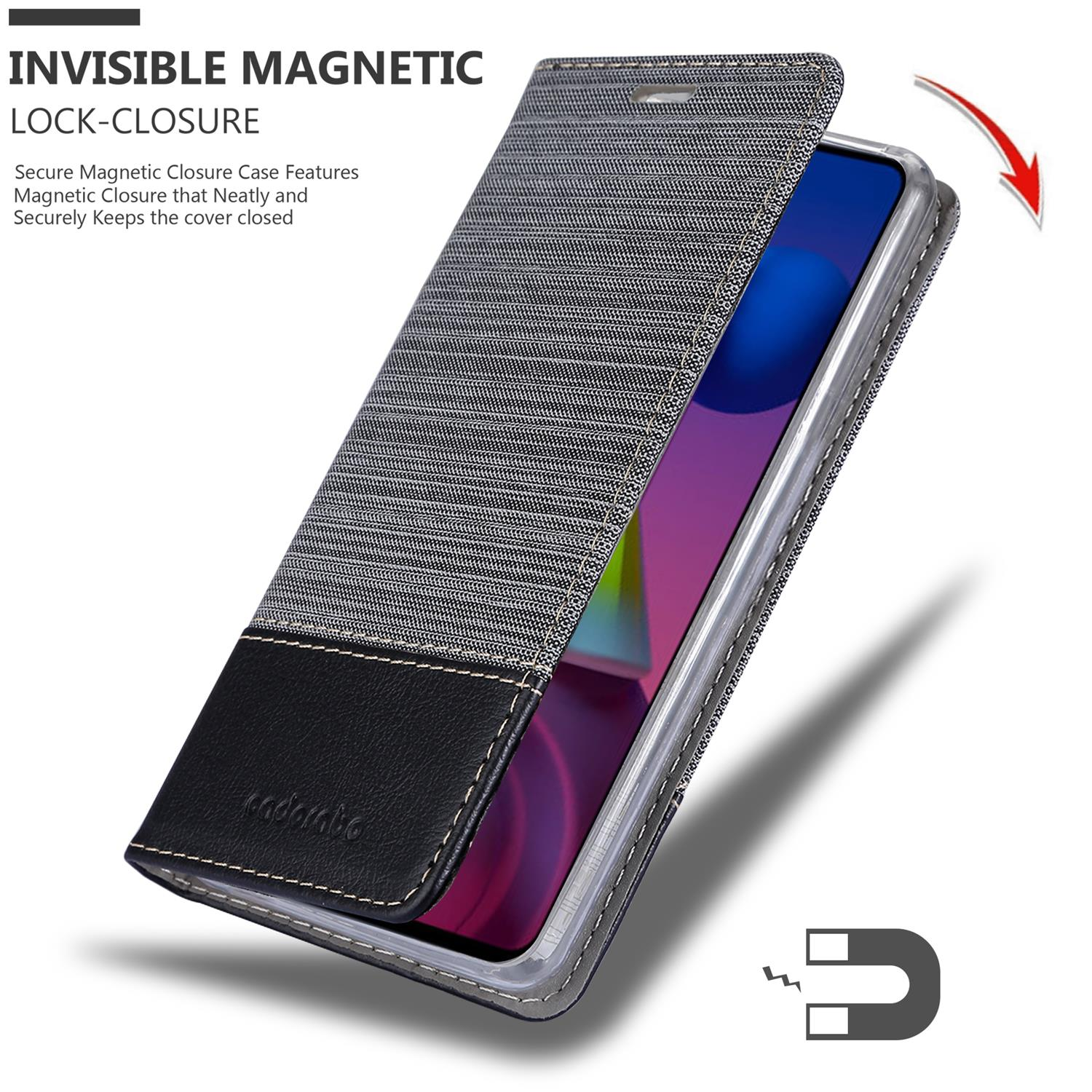 Handyhülle mit Magnetverschluss, geöffnet, um das Telefon im Inneren zu zeigen. Text sagt 'INVISIBLE MAGNETIC LOCK-CLOSURE'.