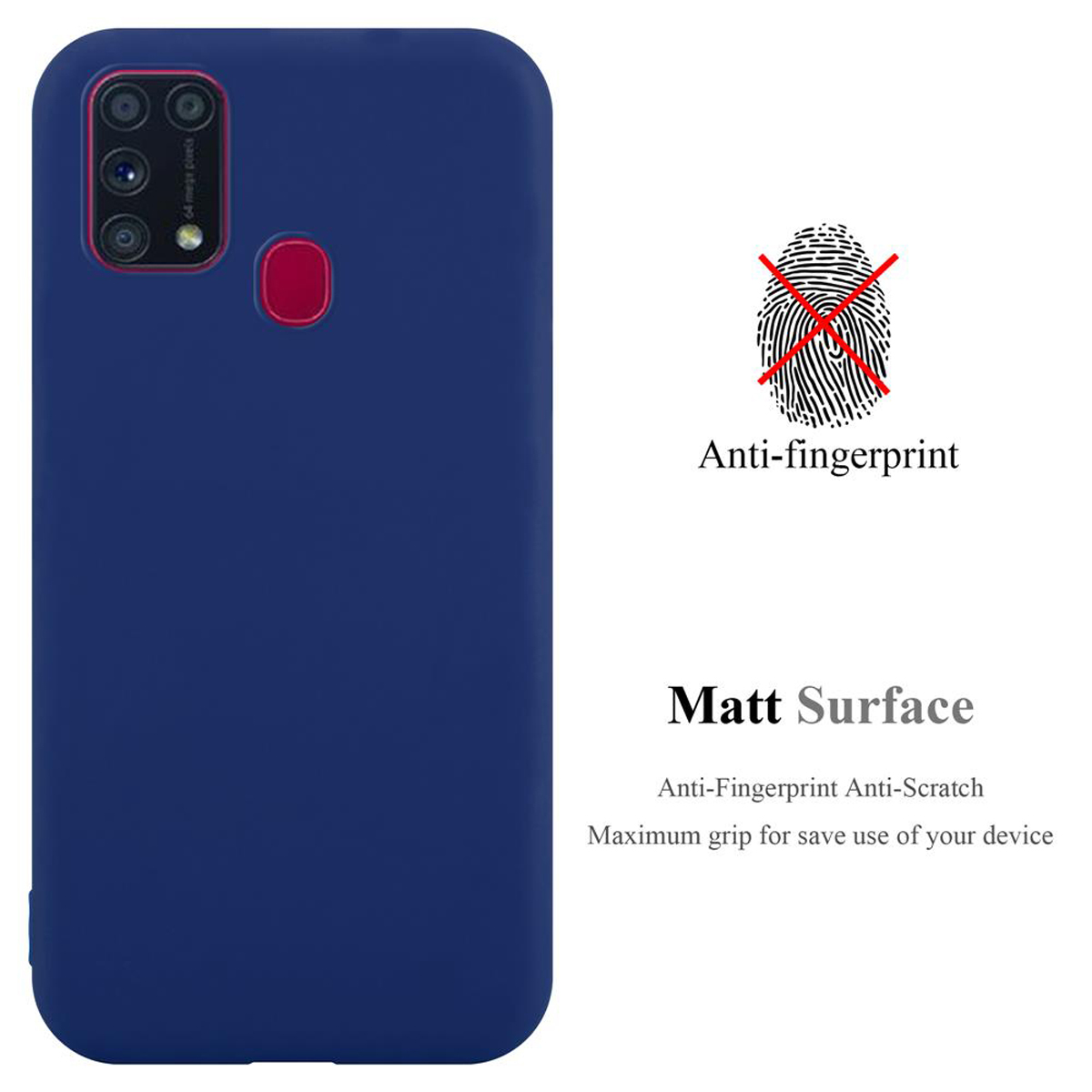 Una custodia per telefono blu con superficie anti-impronta e opaca.