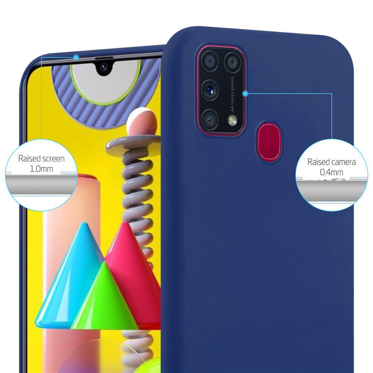 Una custodia blu navy con protezione per schermo e fotocamera rialzate, con testo che dettaglia le aree rialzate.