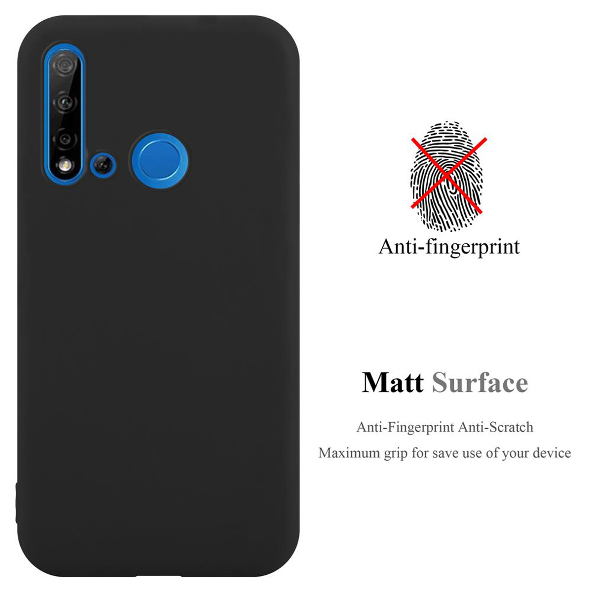 Custodia per telefono nera con superficie anti-impronta, caratteristiche antigraffio e presa massima.