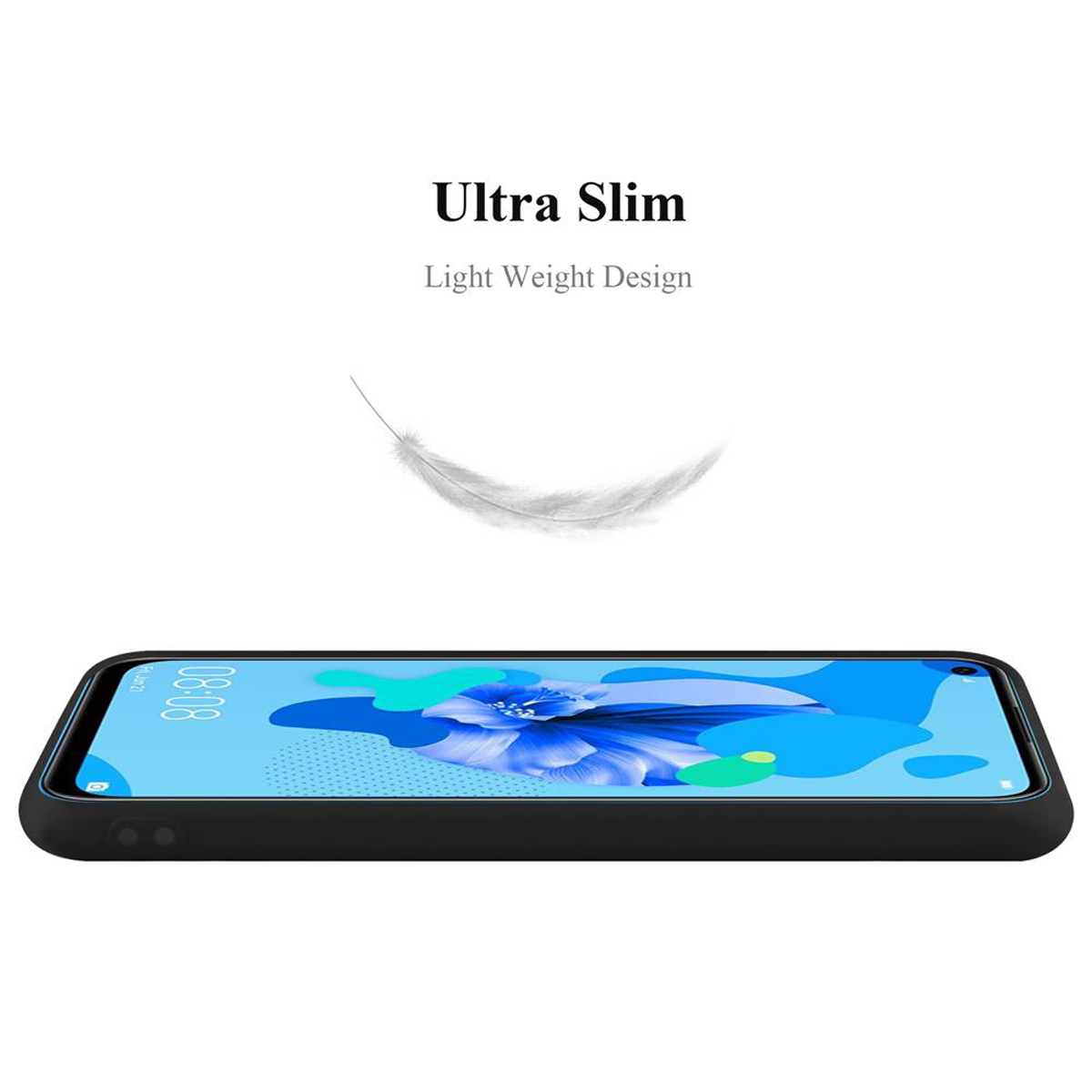 Una custodia nera per telefono viene mostrata, insieme a una piuma, enfatizzando il suo design sottile.
