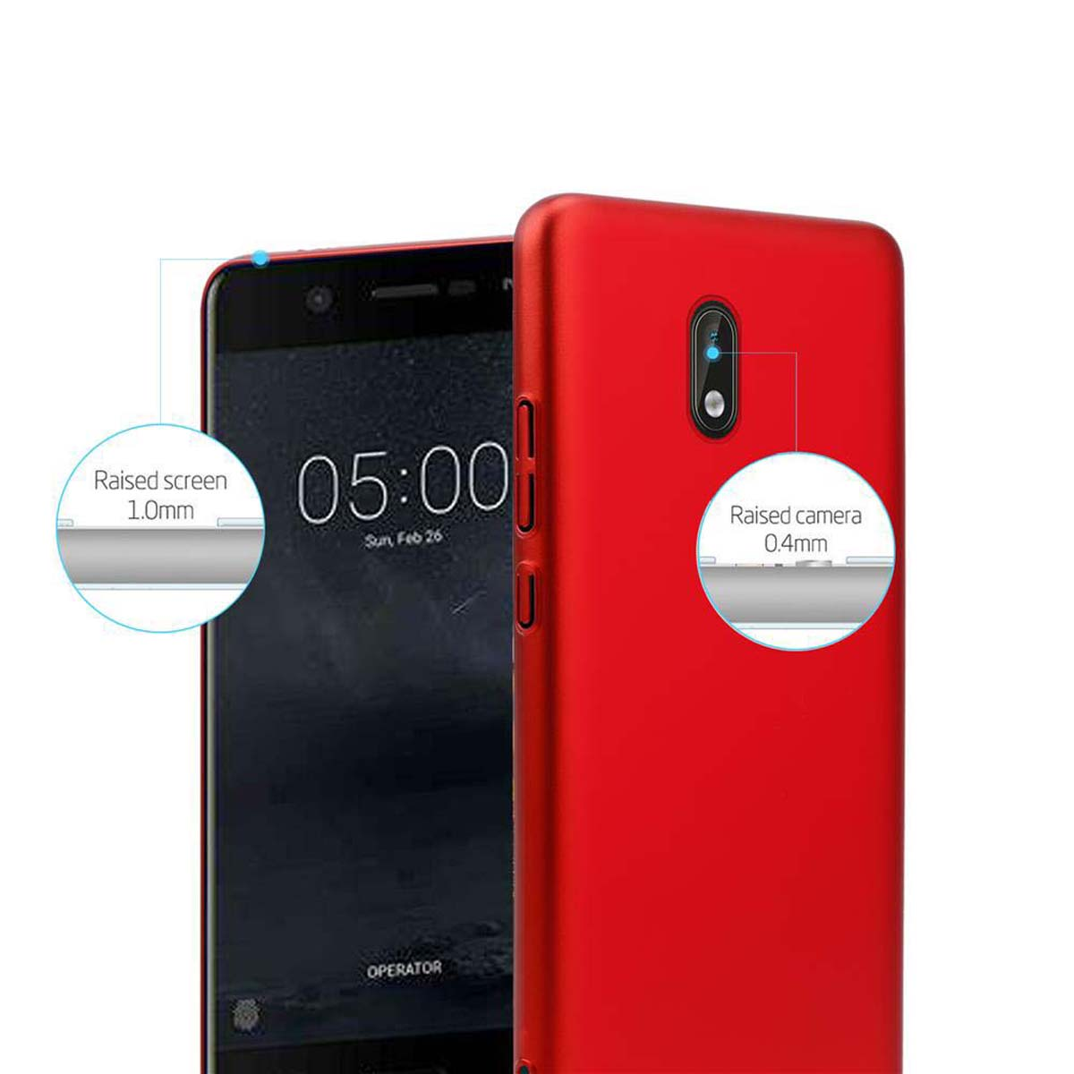 Un telefono rosso con una custodia rossa e un primo piano dello schermo e della fotocamera rialzati.