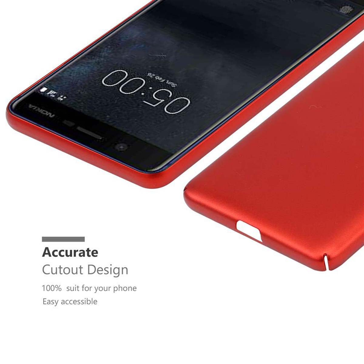 Custodia rossa per telefono su un telefono nero. Lo schermo del telefono mostra l'ora. La custodia è precisa e facilmente accessibile.