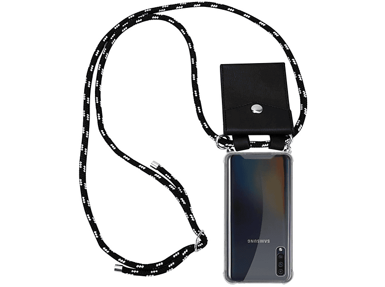 CADORABO Handy Kette mit Silber Band Backcover, abnehmbarer Ringen, SCHWARZ Galaxy Hülle, Kordel 4G A50s und SILBER A50 Samsung, / A30s, 