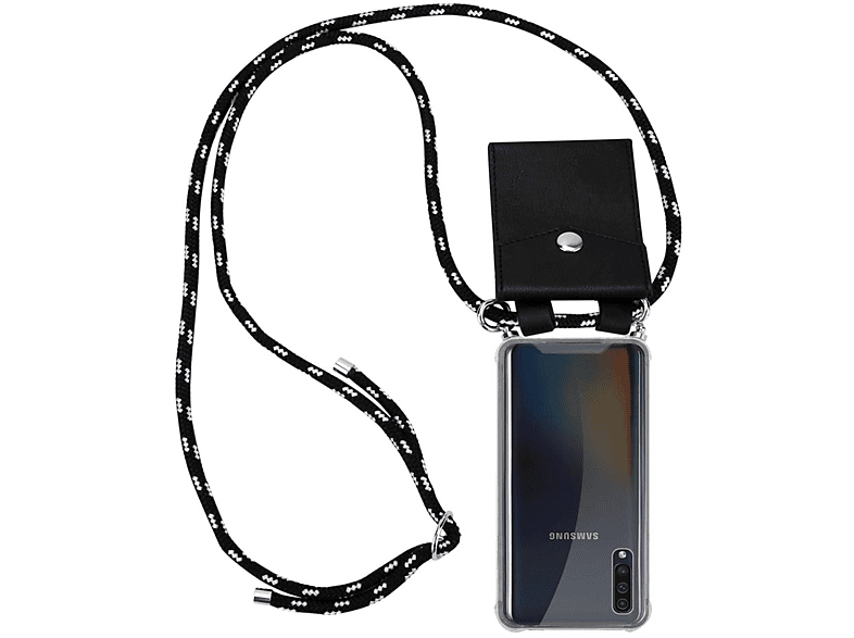 CADORABO Handy Kette mit Silber Ringen, Kordel Band und abnehmbarer Hülle, Backcover, Samsung, Galaxy A50 4G / A50s / A30s, SCHWARZ SILBER