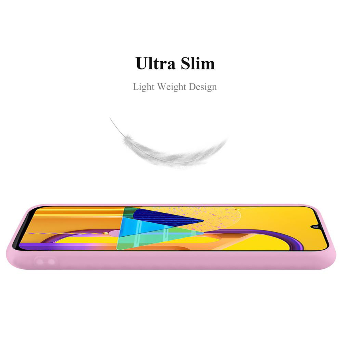 Rosa Handyhülle mit Text 'Ultra Slim' und Federgrafik. Weißer Hintergrund.