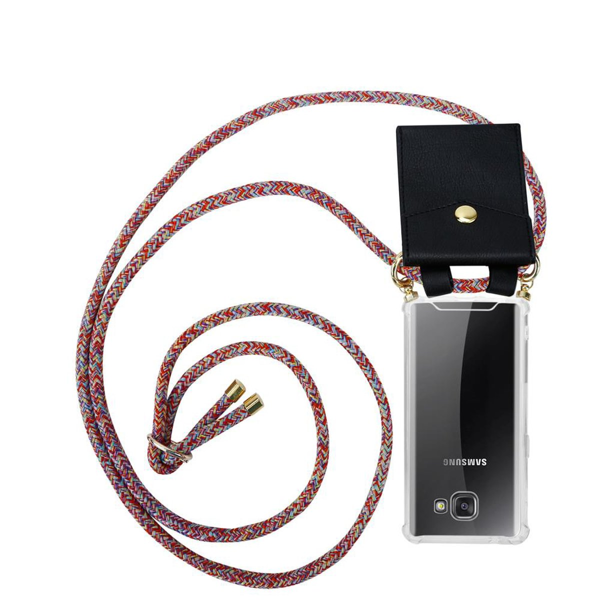 Funda transparente con cartera negra, sujeta a una cuerda colorida con múltiples colores.