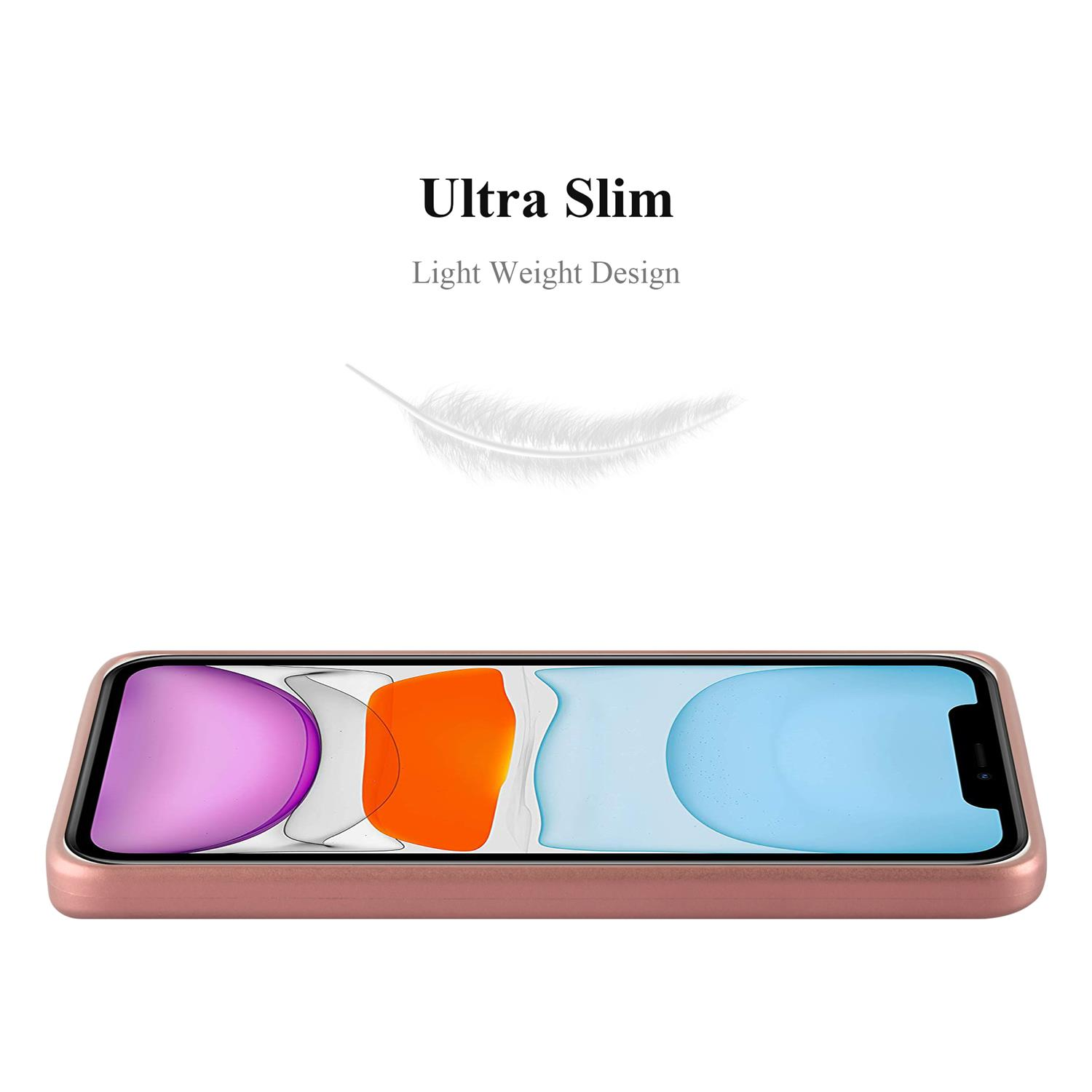 Eine Handyhülle in Roségold. Text sagt 'Ultra Slim Light Weight Design' mit einer Federgrafik.