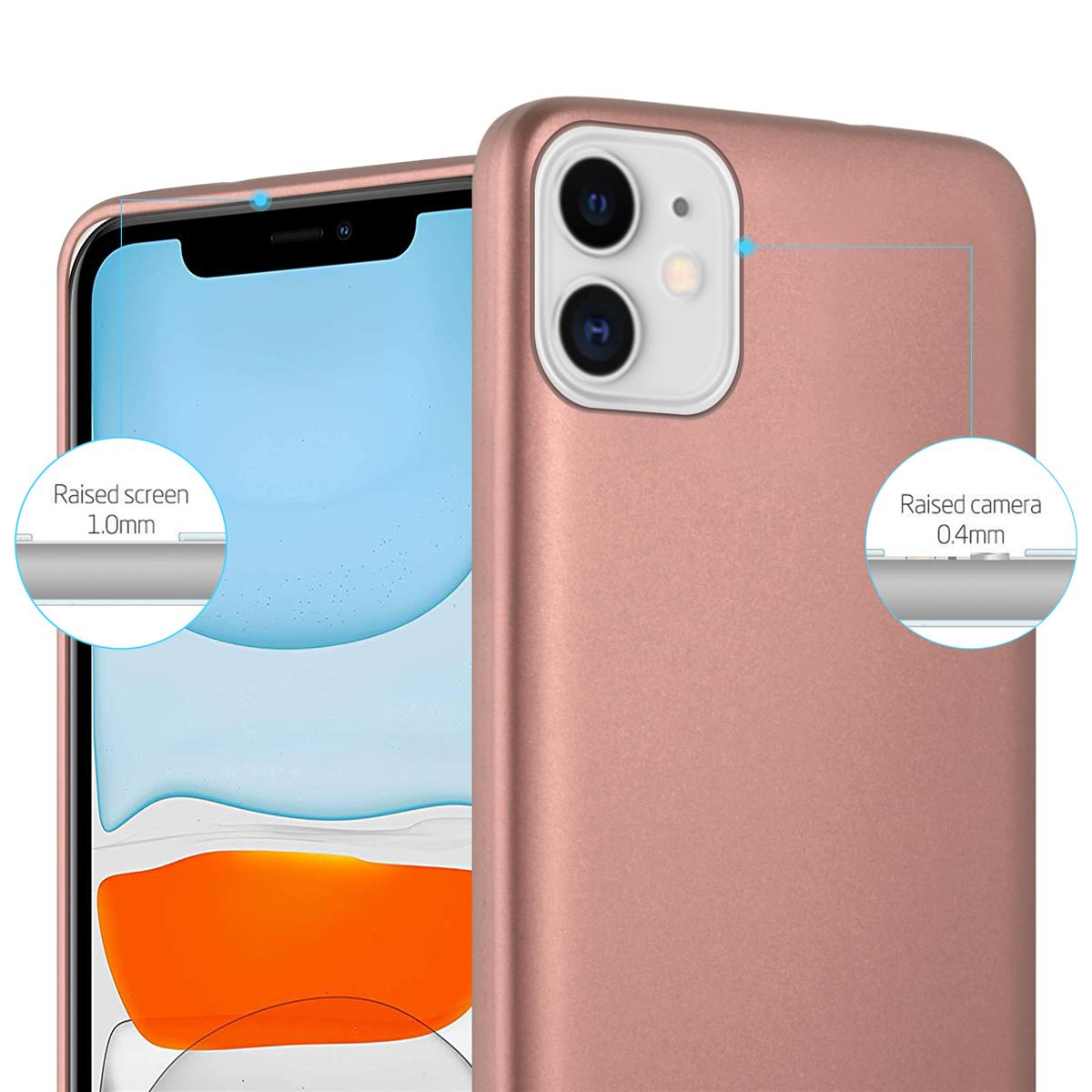 Nahaufnahme einer roségoldenen Handyhülle mit Kamera- und Bildschirmdetails. Der erhöhte Bildschirm ist 1,0 mm, die Kamera 0,4 mm.