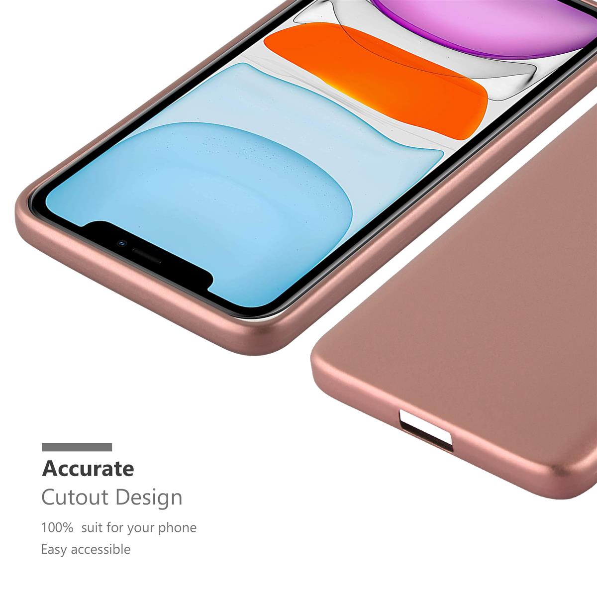 Roségoldfarbene Handyhülle mit Telefon. Klare Sicht auf den Bildschirm.