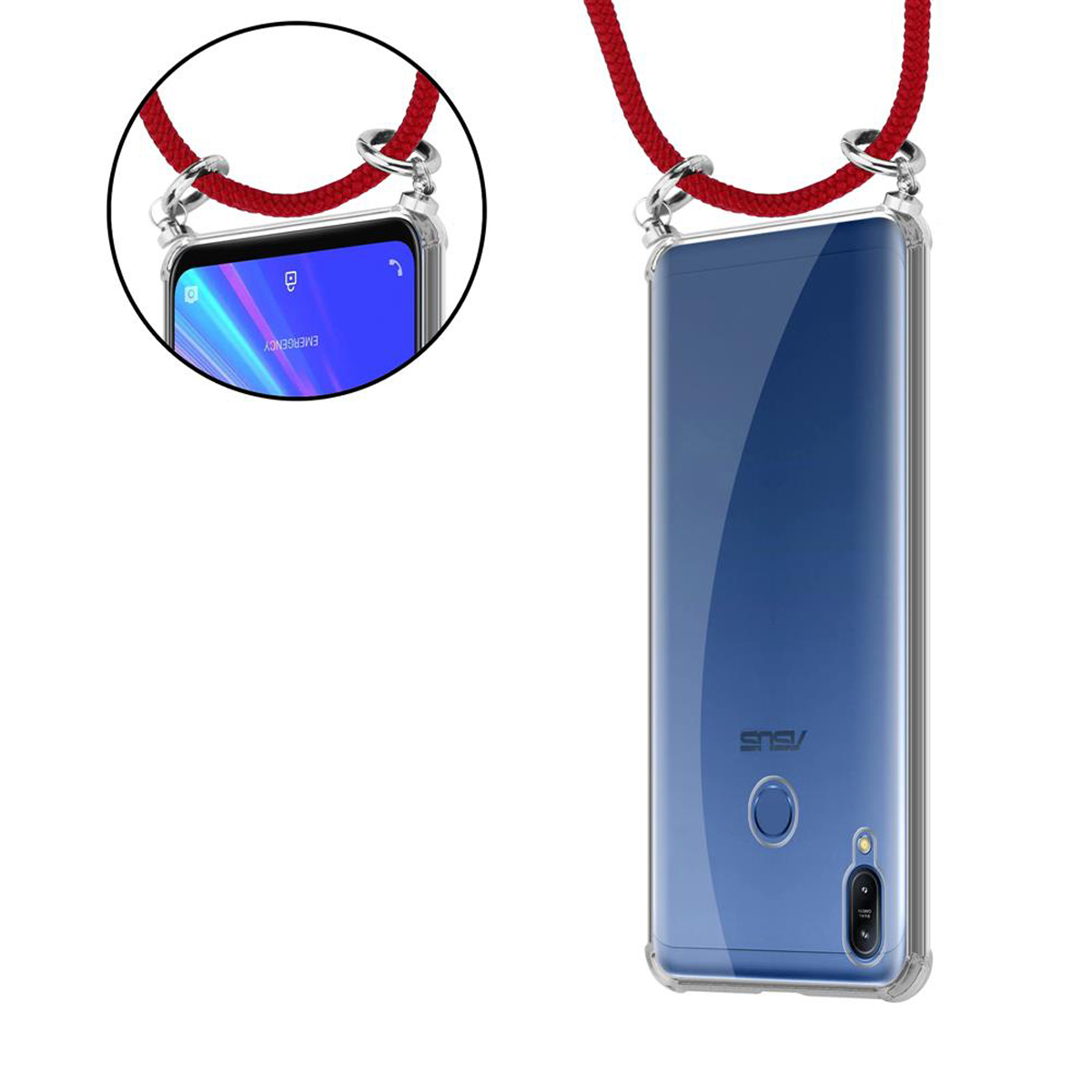 Telefon mit rotem Lanyard. Das Telefon ist in einer transparenten Hülle.