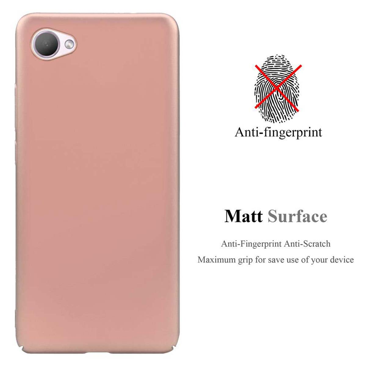 Rosa Handyhülle mit Fingerabdrucksymbol und Text 'Anti-Fingerabdruck' und 'Matt Surface'.