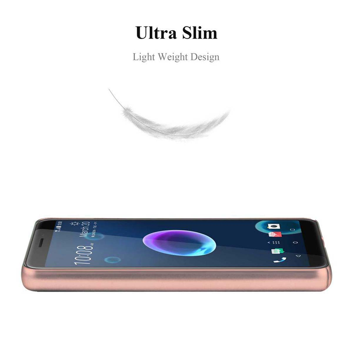 Roségoldenes Telefon-Seitenansicht. Das Telefon ist ultradünn und leicht. Eine Feder schwebt darüber.