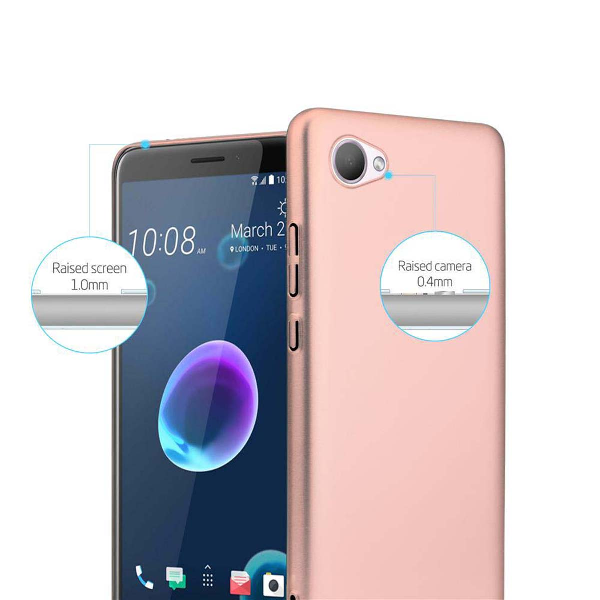 Roségoldenes Telefon in Hülle. Text: Erhöhter Bildschirm 1,0 mm. Erhöhte Kamera 0,4 mm. Weißer Hintergrund.