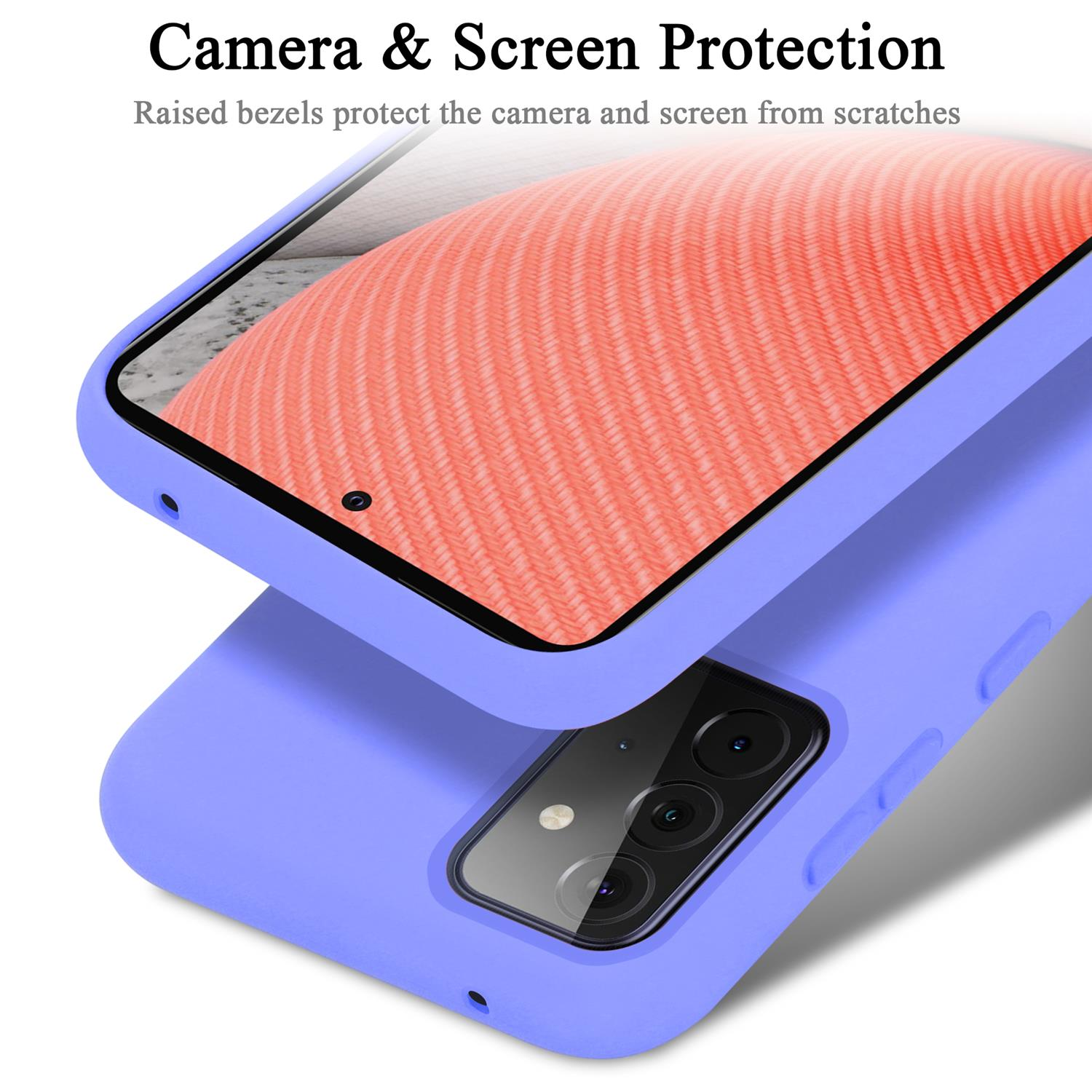 Custodia viola chiaro con telefono visibile. Fotocamera e schermo protetti.