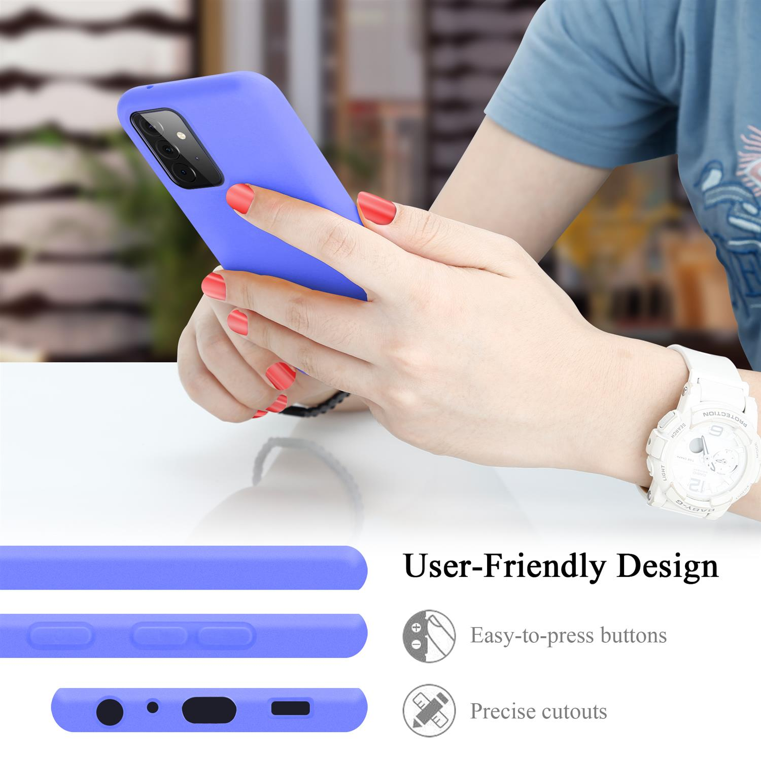 Persona che tiene una custodia per telefono, telefono sul tavolo. Testo: Design intuitivo.