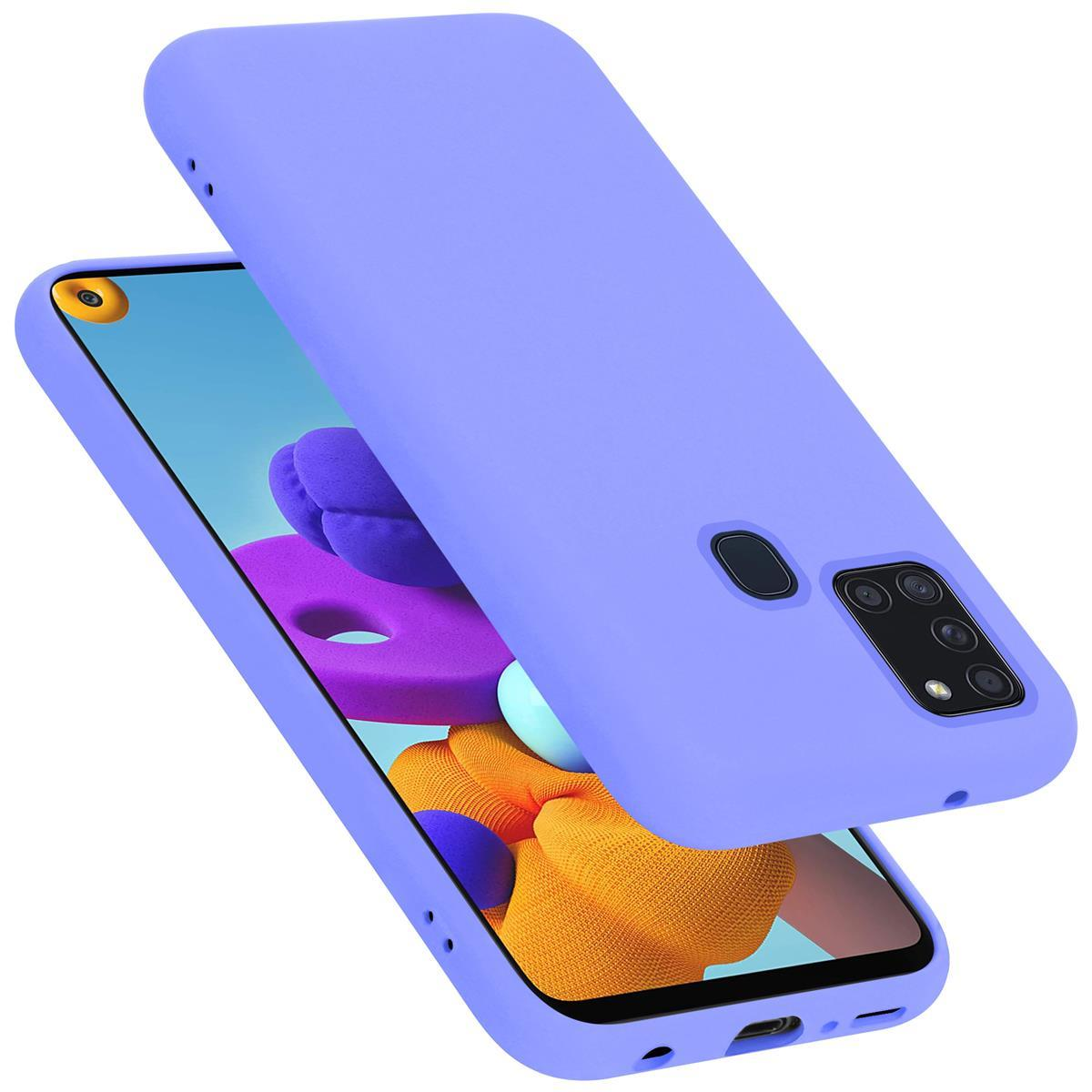 Custodia viola per telefono sopra uno smartphone. La custodia copre il telefono, mostrando lo schermo.