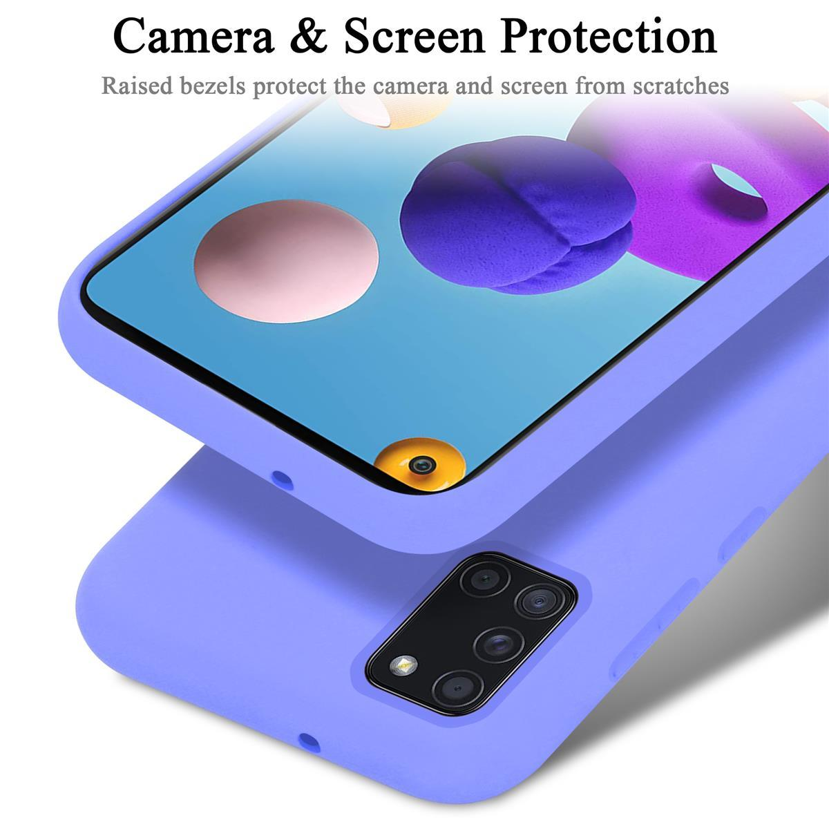 Due custodie viola per telefono. Il testo recita 'Protezione fotocamera e schermo' e 'Cornici rialzate'.