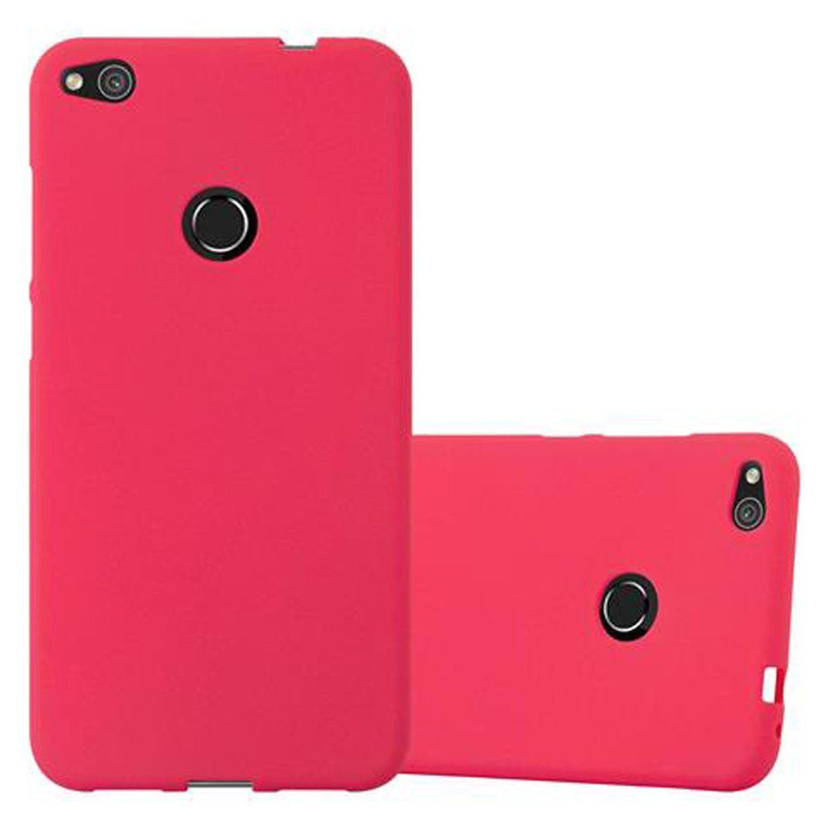 Dos fundas rojas para teléfono. Las fundas son de color rojo sólido, una mirando hacia adelante, la otra plana.