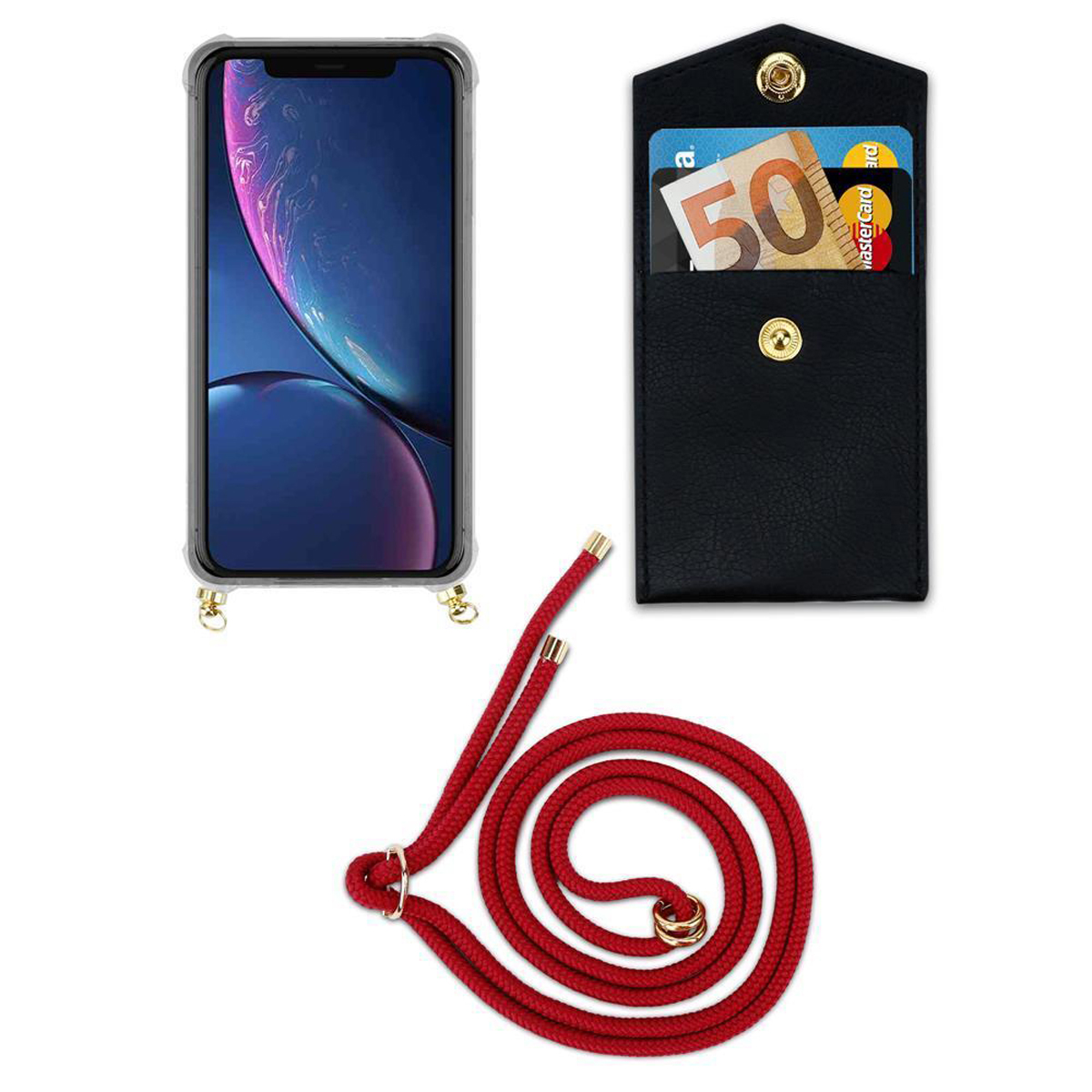 Telefono in custodia con cordino rosso e porta carte nero.
