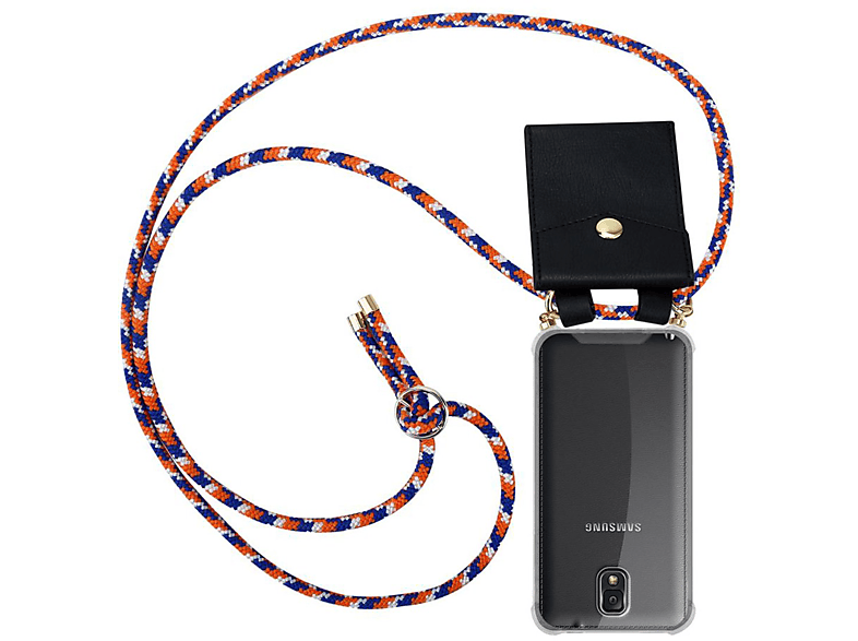 CADORABO Handy Kette mit Gold Kordel Samsung, WEIß Band 3, BLAU Backcover, und Galaxy NOTE abnehmbarer ORANGE Hülle, Ringen