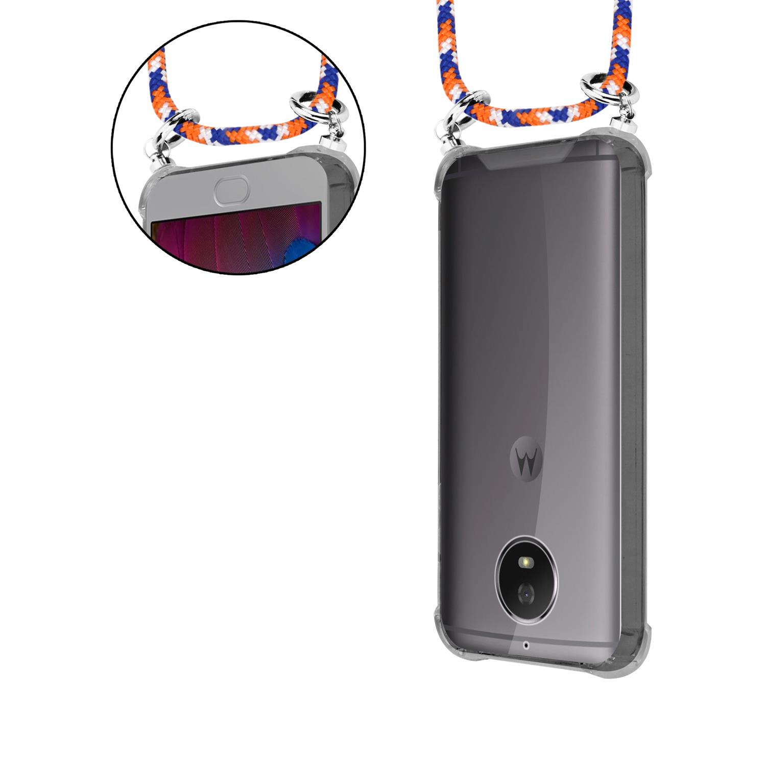 MOTO Kordel Backcover, ORANGE Band Ringen, und BLAU Motorola, CADORABO mit Kette WEIß Hülle, G5S, abnehmbarer Handy Silber