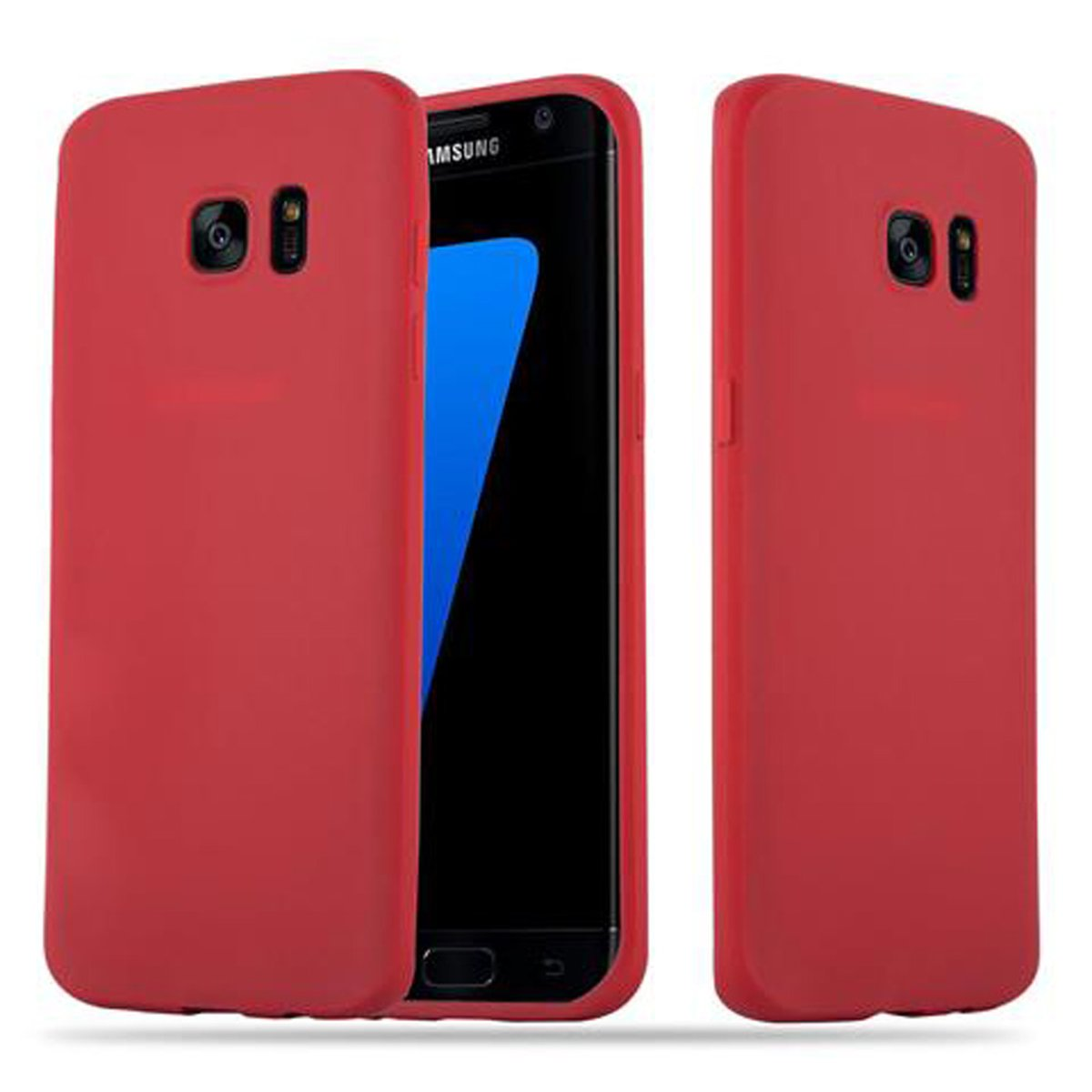 Funda roja con teléfono. Otra funda a la derecha. Fondo blanco.