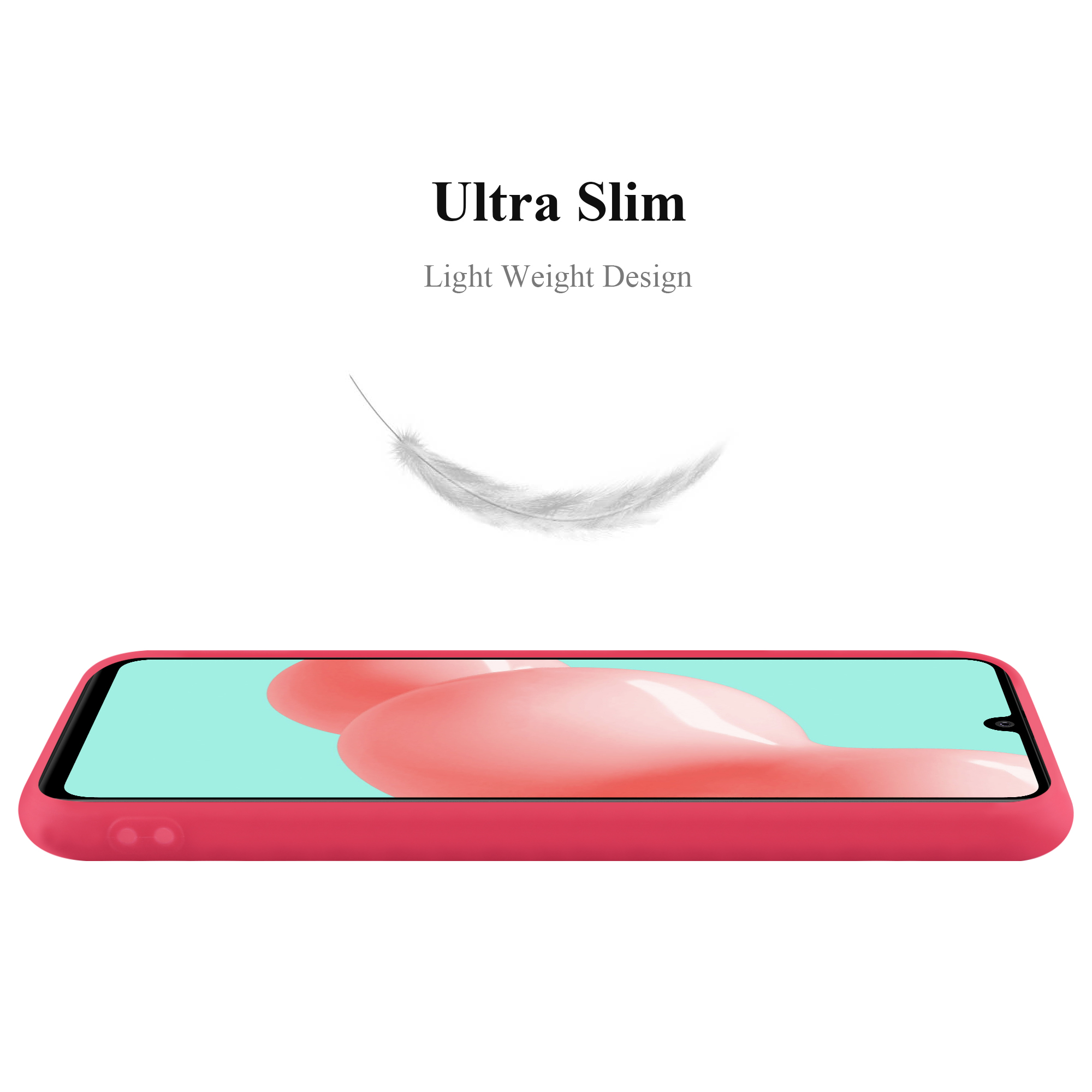 Rote Handyhülle mit Telefon. Text liest Ultra Slim und Light Weight Design. Federgrafik.