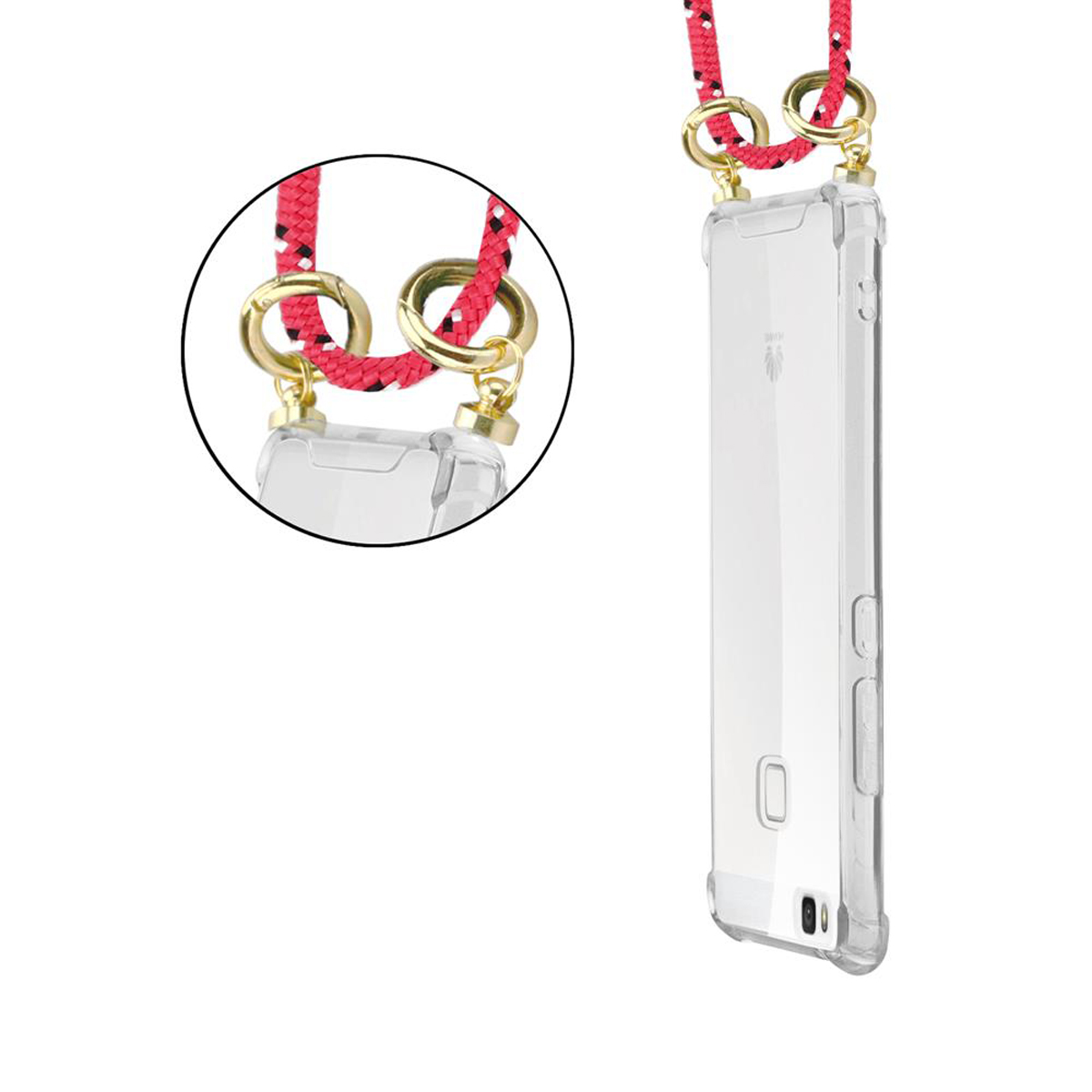 Rotes Seil-Handy-Lanyard mit goldenen Ringen. Eine Handyhülle ist sichtbar. Die Handyhülle ist durchsichtig.