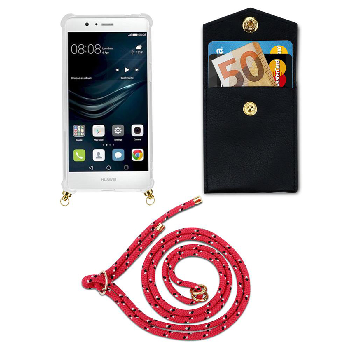 Telefon in klarer Hülle mit Riemen, schwarzes Portemonnaie mit Karten. Roter und schwarzer Riemen.