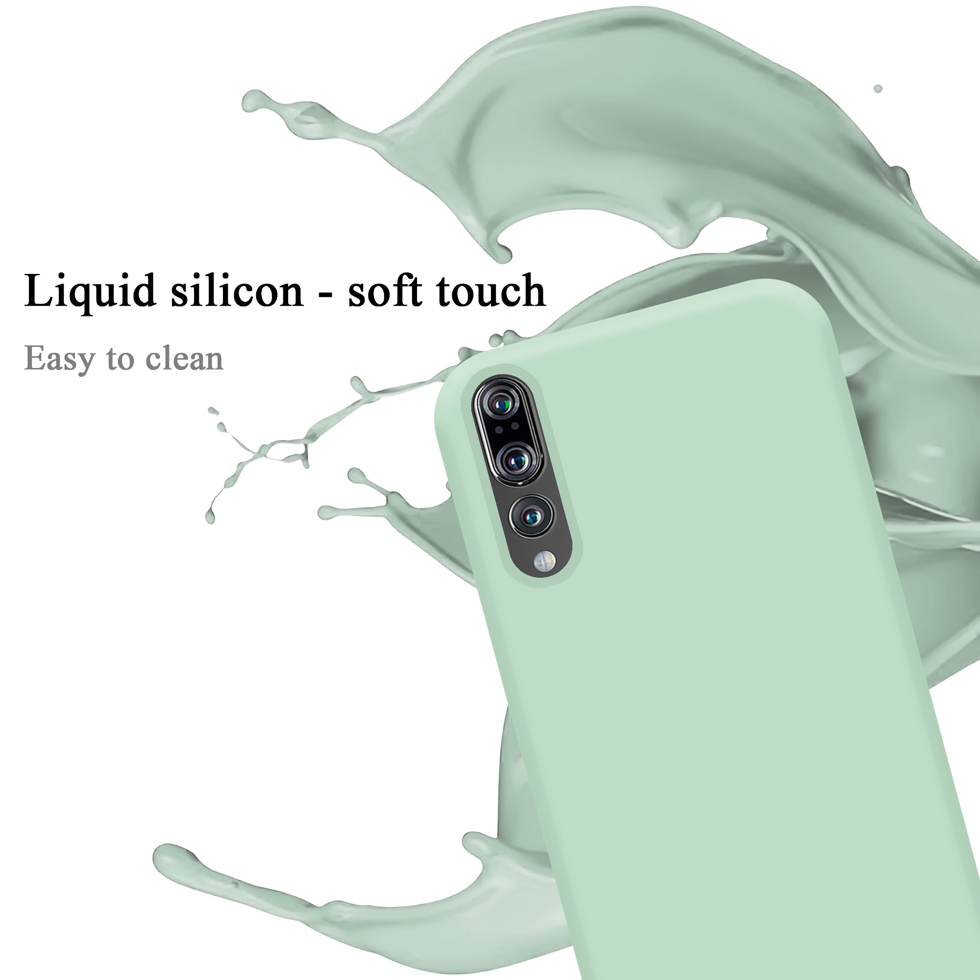 Hellgrüne Handyhülle. Flüssiges Silikon, Soft-Touch. Türkisfarbener Farbspritzer im Hintergrund.