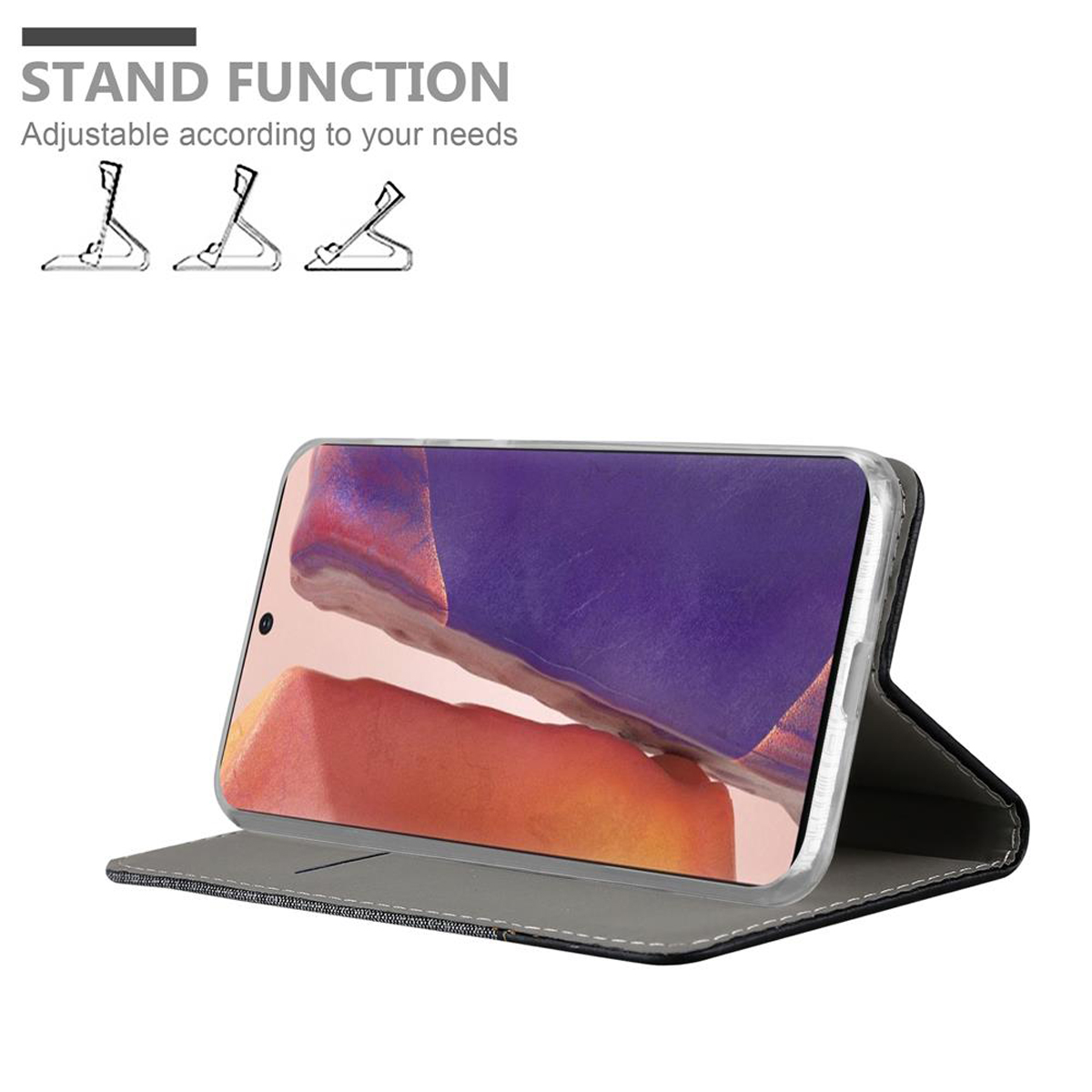 Telefono in una custodia con funzione stand. Testo: Funzione stand. Regolabile in base alle tue esigenze.