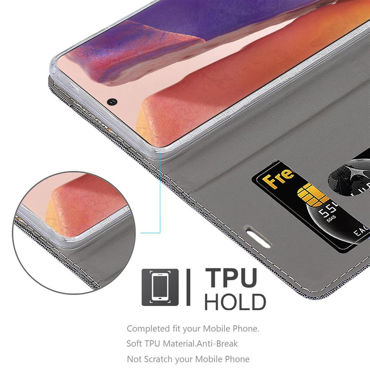Custodia per telefono con fessura per carte di credito e telefono. Custodia grigia con carta nera, dettagli in primo piano.